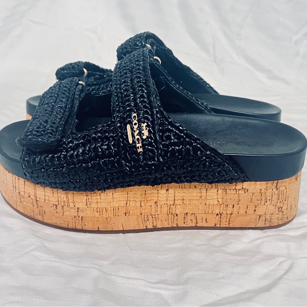 Coach Black Woven Cork Platform Slides